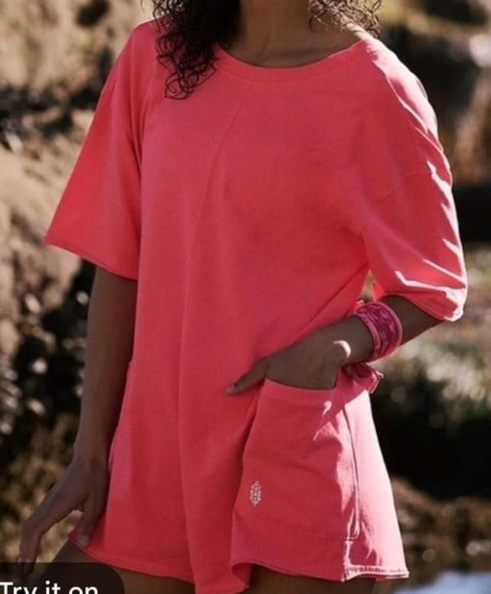 Free People FP Movement Hot Shot Tee Romper Bright Pink Pockets Oversized SMALL